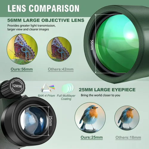 Vista 4 de Telescopio monocular de alta potencia 12x56 para adultos con bolsa de Verde