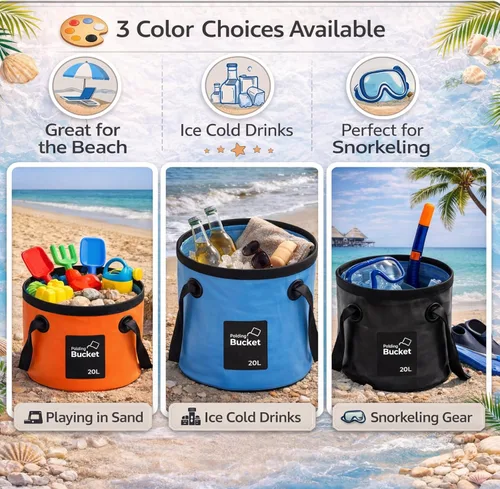 Vista 3 de 3 cubos plegables de 5 galones con asa, azul, naranja, negro