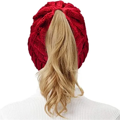 Vista 7 de Rosoz Gorro de cola de caballo para mujer, gorro cálido de invierno, suave, elástico, de punto trenzado, para moño alto