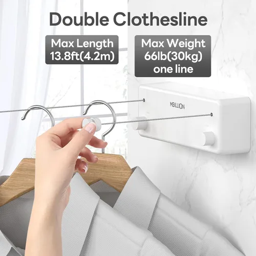 Vista 2 de Mbillion Tendedero retráctil de acero inoxidable de 13.8 pies, línea de ropa doble retráctil para interiores, resistente, línea de lavandería