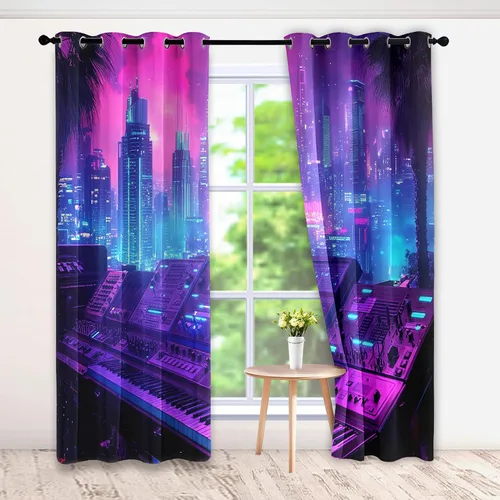 Vista 2 de Cyberpunk - Cortinas para dormitorio, cortinas retro de los años 80, 54 pulgadas de largo para sala de estar, cortinas opacas de ciudad rosa y Rosa