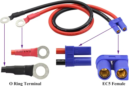Vista 3 de Cable de Terminal EC5 a Anillo O, Cable Conector de Enchufe de Terminal de Ojal EC5 Hembra a Anillo O 10AWG RC ESC Cargador Lateral de Alimentación