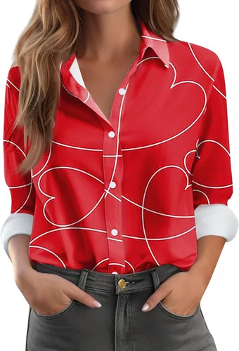 Vista 54 de Camisetas de San Valentín para mujer, camisas con botones, blusas de corazón, elegantes, informales, cuello de solapa, manga larga, suave, cómoda