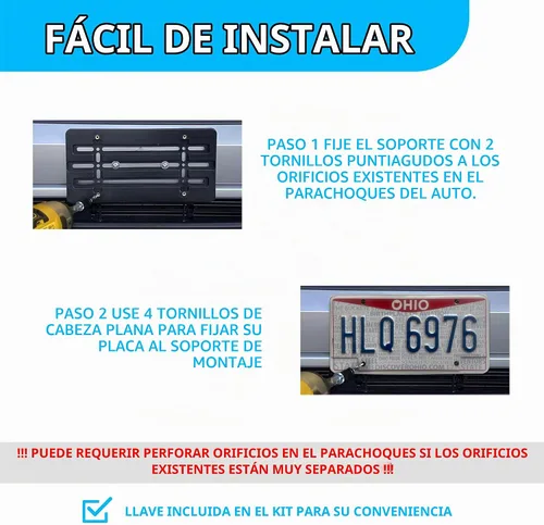 Vista 5 de Soporte de Placa de Licencia para Parachoques Delantero, Juego de Soporte de Placa con 6 Tornillos Únicos y Juego de Llaves, Kit de Montaje de Placa