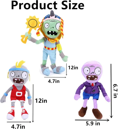 Vista 3 de JHESAO Juego de 3 piezas de zombis de peluche de plantas y zombis, juguete deportivo de zombi, 1 2 muñeca zombi morada de RA suave, figura