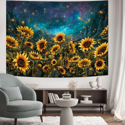 Vista 3 de Heynvioo Tapiz de girasol, galaxia, espacio, otoño, amarillo, floral, plantas, tapices, cielo estrellado, montaña, naturaleza, tapices para colgar