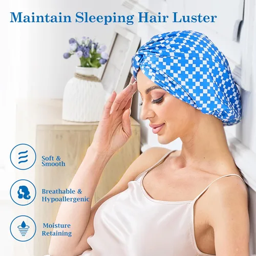 Vista 9 de Gorro de satén de seda ajustable para envolver el cabello para dormir, gorro de dormir de doble capa, turbante nocturno para cabello largo y rizado