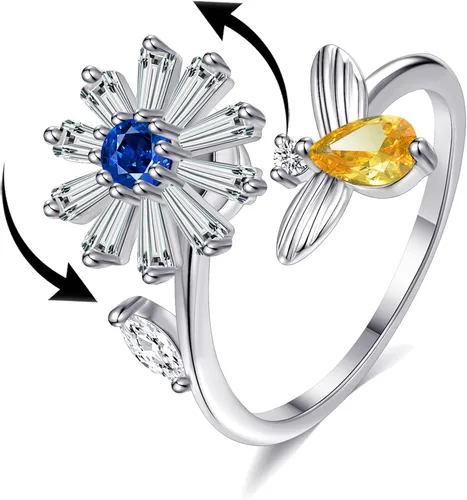 Vista 9 de Akeoqi Anillos giratorios para la ansiedad, para aliviar el estrés, tamaño ajustable, diseño abierto, anillo giratorio con incrustaciones