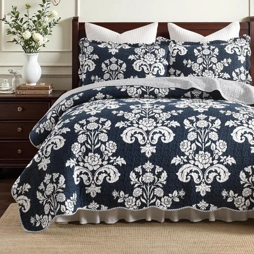 Vista 9 de Juego de edredón 100% algodón tamaño Queen, colcha floral suave prelavada, juego de ropa de cama ligera de 3 piezas para todas las estaciones, ropa