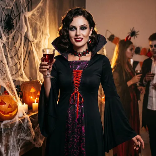 Vista 6 de Disfraz de vampiro para mujer, disfraz real de Halloween para adultos, con dientes de vampiro, colmillos y aretes