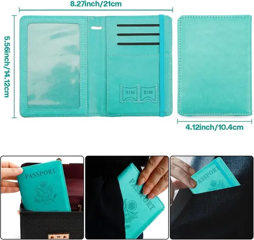 Vista 2 de Soporte para pasaporte y tarjetero de vacuna, cartera para pasaporte, funda para pasaporte con bloqueo RFID, Azul lago, Compacto