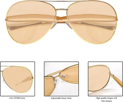 Vista 5 de Lentes de sol estilo aviador retro dorados para mujeres y hombres, 2025 de metal de gran tamaño de los años 70