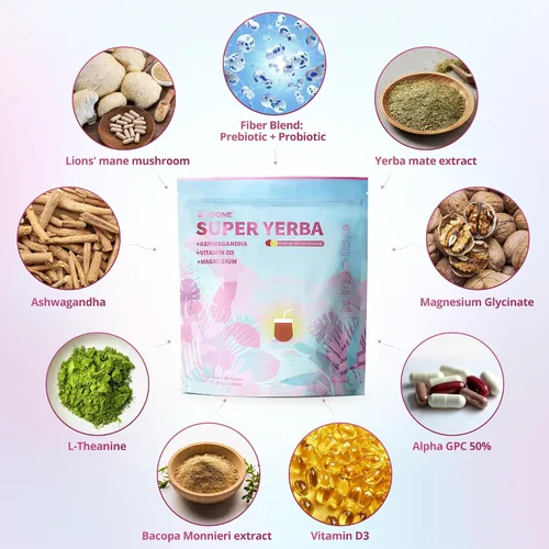 Vista 3 de ZOOONE Súper Yerba Mate té en polvo instantáneo 30 sobres - Sabor a limonada de frambuesa Porciones Energía limpia y enfoque Mejora la niebla