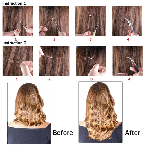 Vista 7 de Duufin Kit de extensiones de cabello, 500 piezas de cuentas de micro anillo negro, 1 alicates de extensión de cabello, 2 ganchos, aguja de tracción