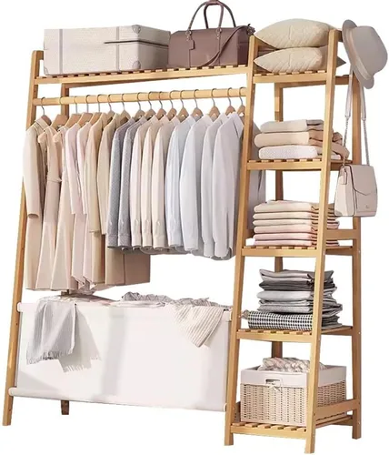 Vista 12 de Bamboo Coat Rack with Storage Rack,Freestanding Clothes Rack with Storage Bag,Wood Closet Shelf with Hanging Rod,Clothes Storage Organizer