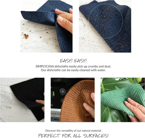 Vista 4 de Paquete de 5 paños de cocina suecos teñidos a mano, reutilizables, biodegradables, súper absorbentes de doble textura, embalaje sin plástico