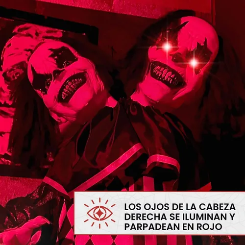 Vista 8 de Haunted Hill Farm - Payaso animatrónico de dos cabezas que habla aterrador de 5.5 pies Life-Size 5.5-Ft Talking Two-Headed Clown, Touch Lights and
