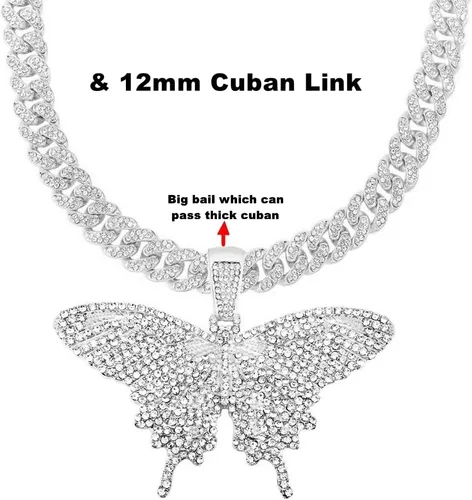 Vista 3 de HH BLING EMPIRE Collar de mariposa de diamantes de plata y oro para hombres y mujeres, colgante de mariposa grande de hip hop con cuerdateniscadenas