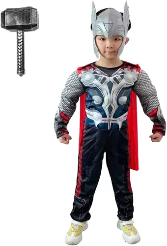Vista 2 de BMJDGM Disfraz de superhéroe Thor clásico para niños, incluye diadema, martillo, capa