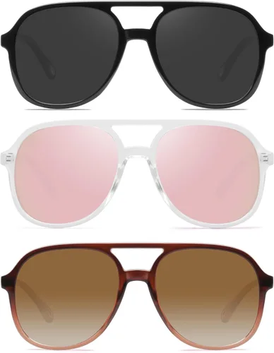 Vista 19 de YDAOWKN Retro Aviator Sunglasses for Womens Mens 70s Double Bridge Sunnies 2 Tintes Negro/Gris+Negro/Amarillo