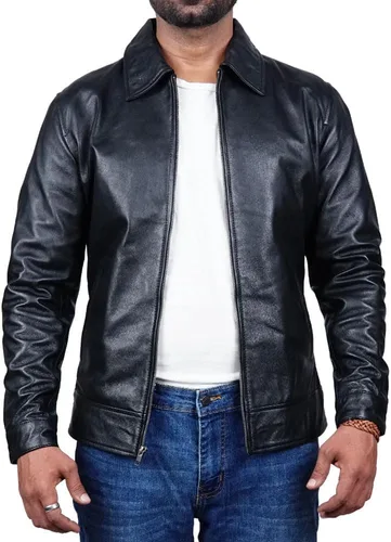 Vista 5 de Chaqueta de cuero premium con cuello de polo para hombre, estilo clásico de la vieja escuela, uso diario, piel de cordero para hombre