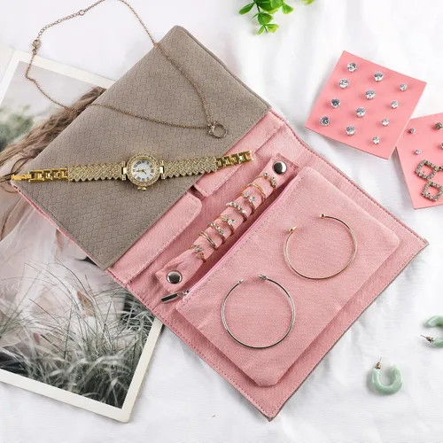 Vista 5 de DONGZHI Estuche organizador de viaje de joyería para mujer, bolsa plegable para anillos, collares, aretes, pulseras, mini, pequeño (gris)