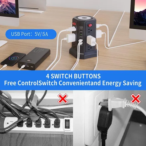 Vista 5 de Regleta de protección contra sobretensiones con torre y 5 puertos USB y luz nocturna, cable de extensión de 10 pies con 12 tomas múltiples de CA
