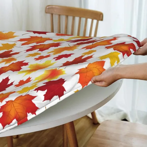 Vista 5 de Fiokroo Mantel de hojas de arce otoñales con borde elástico, mantel redondo de Acción de Gracias hoja de otoño lavable reutilizable cubierta de mesa