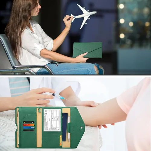 Vista 2 de Combo de tarjetero para pasaporte y vacuna, cartera de viaje para mujer con bloqueo RFID con ranura para tarjeta de vacuna, funda de mano
