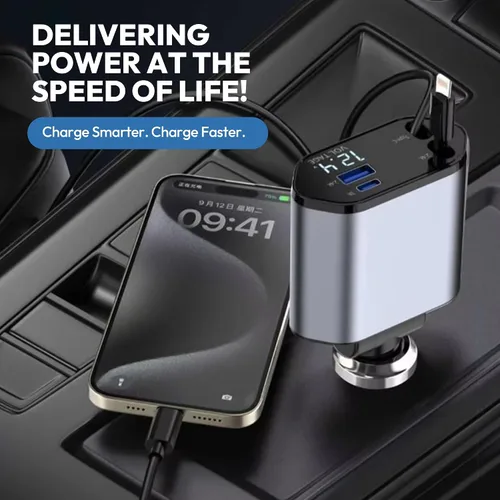 Vista 3 de Cargador retráctil para automóvil de 120 W, cable USB-C y Lightning 4 en 1, adaptador de carga rápida para iPhone 16/15/14, Samsung, Android, puerto