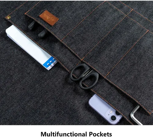 Vista 5 de Delantal de mezclilla con bolsillos, delantal alto con pechera grande con lazos largos ajustables, regalos para hombres y mujeres