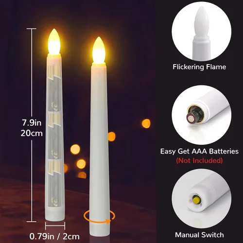 Vista 3 de PChero - Velas flotantes con temporizador remoto, paquete de 6 de 7.9 pulgadas, velas cónicas LED suspendidas que funcionan con pilas, candelabros 6