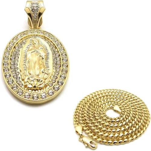 Vista 2 de Collar de cadena cubana con colgante ovalado de la Virgen María de la moda 21 Iced Out en tono dorado