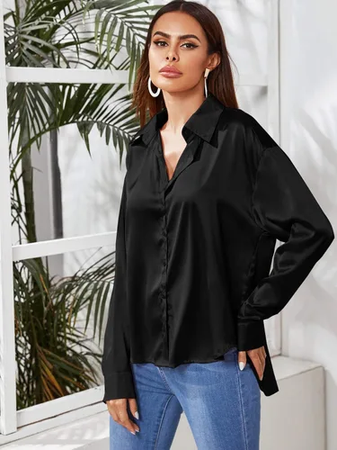Vista 4 de SOLY HUX Women's Satin Silk Long Sleeve Button Down Shirt Office Work Blouse Top