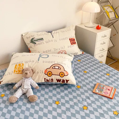 Vista 6 de BlueBlue Cars - Juego de funda de edredón de 100 % algodón, ropa de cama de transporte para automóvil, avión, camión sobre blanco crema, 1 funda