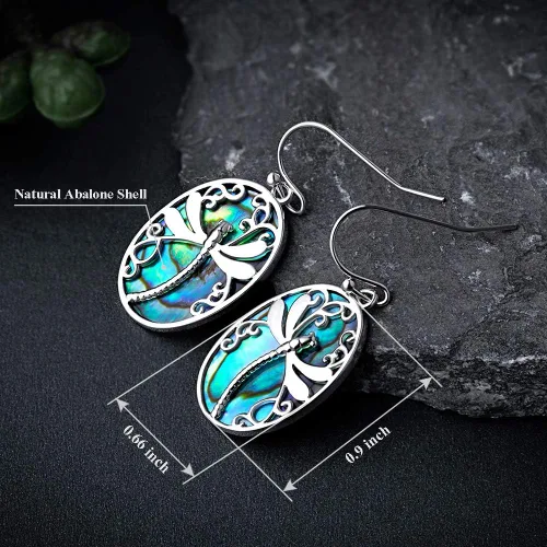 Vista 2 de Aretes de libélula chapados en oro blanco aretes colgantes de concha natural de moda para mujeres y niñas Metal Abulón