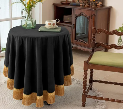 Vista 11 de F-CHU - Funda de terciopelo negro de lujo para mesita de noche con flecos dorados, mantel decorativo para mesita de noche, a prueba de polvo