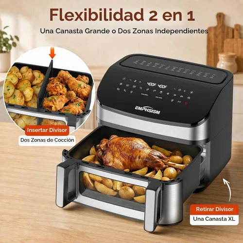 Vista 2 de Emphsism Freidora de aire grande de 12 cuartos de galón, 13 en 1 con control de precisión de 10 °F, freidora de aire de doble zona con divisor