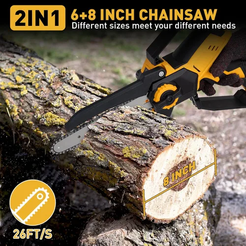 Vista 2 de Mini motosierra inalámbrica para batería Dewalt 20V MAX, 8" y 6" 2-EN-1 motosierra eléctrica sin escobillas de 400W con baterías de 3000mAh y sierra