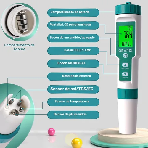 Vista 7 de PORAPXI - Probador digital de salinidad y pH para piscinas, jacuzzis y spas de agua, medidor digital 5 en 1 Digital Salinity Tester 5 in 1 pH Salt