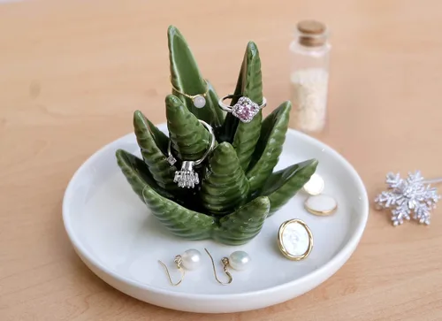 Vista 2 de PUDDING CABIN Soporte para anillos de aloe, plato para anillos de cactus, bandeja para joyas para anillos, aretes, collar, regalo de Navidad