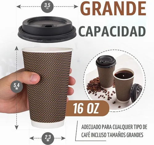 Vista 2 de Promora Tazas de café desechables marrones con tapas de 16 onzas, tazas de papel onduladas de papel aislado premium para café caliente