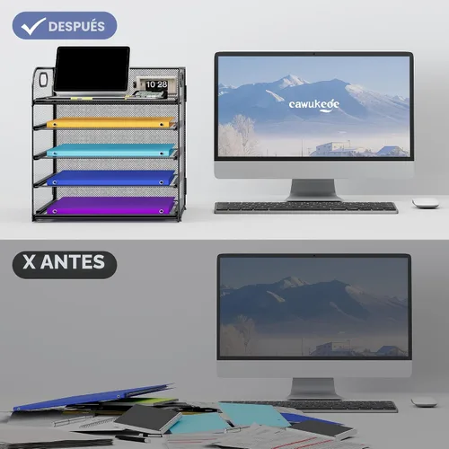 Vista 4 de Cawukege Organizador de papel de 5 niveles con asa, organizador de escritorio de malla de metal negro, carpeta de archivos, bandeja de cartas