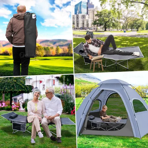 Vista 5 de Zone Tech - Cuna plegable de viaje para exteriores, gris clásico, de alta calidad, ligera, portátil, resistente, para adultos y niños, con bolsillo