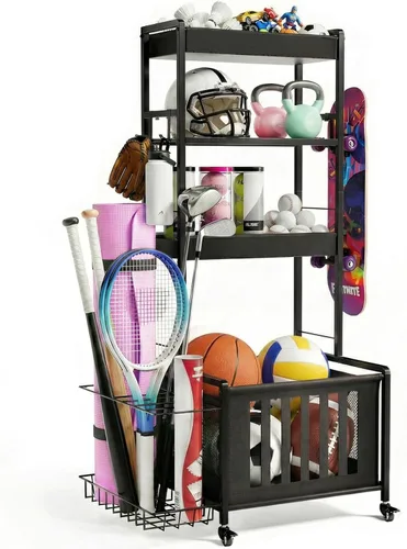 Vista 9 de Faesun Organizador de equipos deportivos de garaje, estante de almacenamiento para bolsas de golf, soporte de pelota resistente con cesta y ganchos