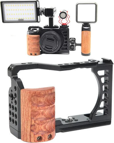 Vista 5 de Vlog - Jaula para cámara A7C, kit de estabilizador de video para cámara con mango de madera, con orificio de tornillo de 1/4 y 3/8 pulgadas