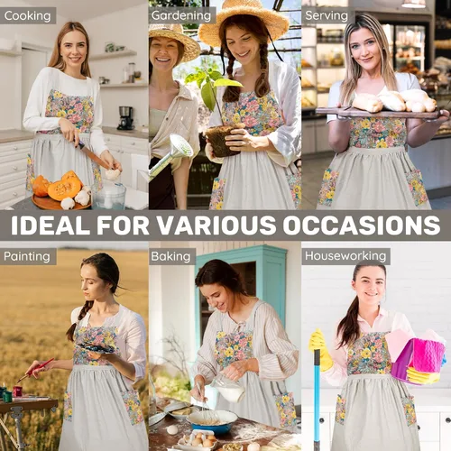 Vista 7 de Pinafore - Delantal de chef para mujer, estilo vintage, con volantes, con bolsillos y lazos largos, con espalda cruzada, bonito delantal de cocina