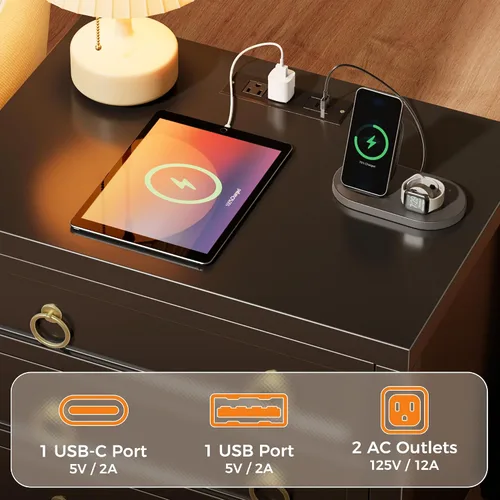 Vista 3 de Huuger Mesita de noche de 23.6 pulgadas con estación de carga y puerto USB-C, mesita de noche de 3 cajones, mesita de noche más grande y ancha, mesa