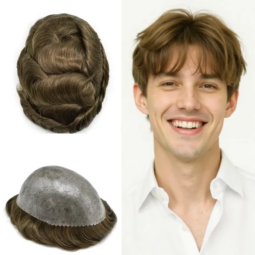 Vista 486 de Toupee para hombre 100% cabello humano real tupé para hombres 0.004 in piel de poliuretano para hombre, sistema de reemplazo de piezas de pelo