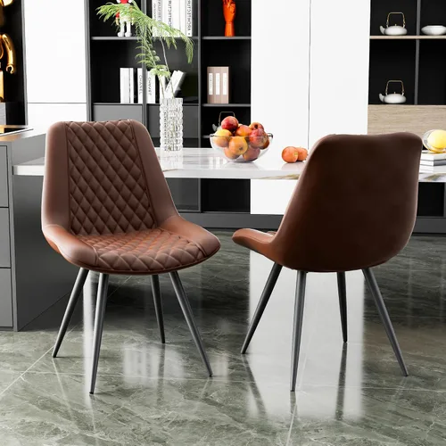 Vista 7 de Juego de 2 sillas de comedor, modernas sillas de salón de piel sintética sin brazos, asiento tapizado con respaldo alto y patas de metal resistentes